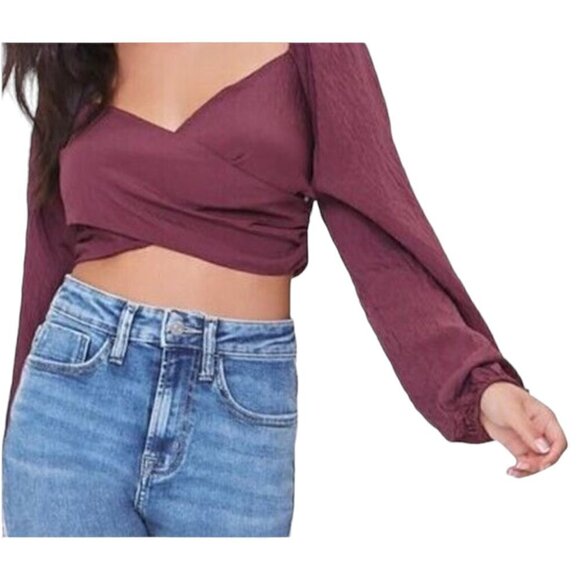 Forever 21 Peasant Balloon Sleeve Bow Tie Criss Cross Crop Top, Small - Picture 9 of 9